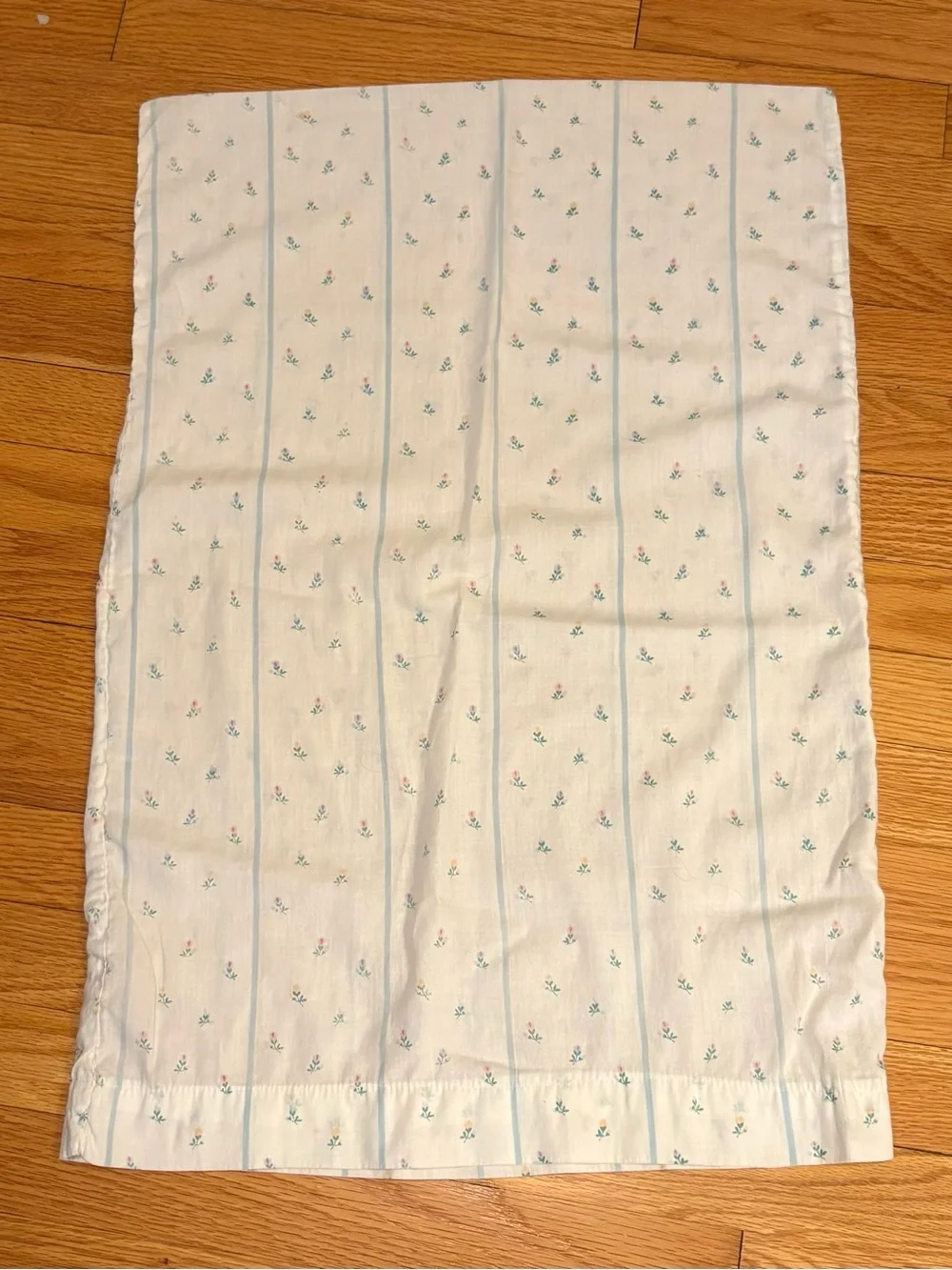 Floral Stripe Cotton Pillowcase - White with Blue and Pink Accents
